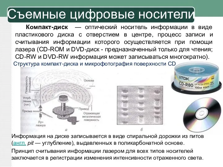 Компакт-диск — оптический носитель информации в виде пластикового диска с