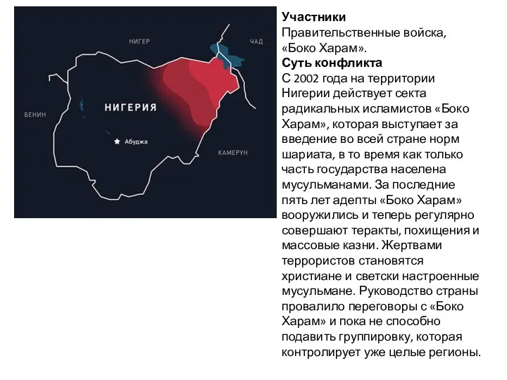 Участники Правительственные войска, «Боко Харам». Суть конфликта С 2002 года