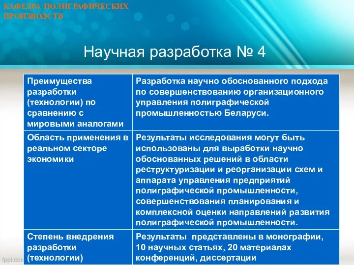 КАФЕДРА ПОЛИГРАФИЧЕСКИХ ПРОИЗВОДСТВ Научная разработка № 4