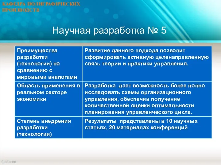 КАФЕДРА ПОЛИГРАФИЧЕСКИХ ПРОИЗВОДСТВ Научная разработка № 5