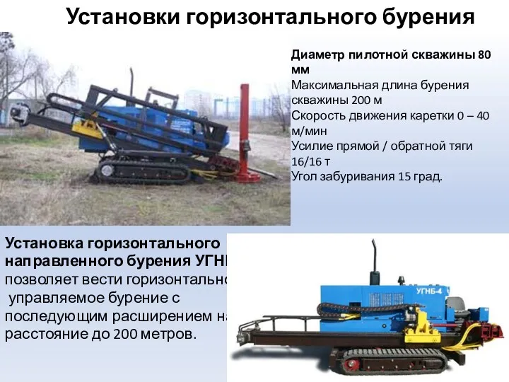 Установки горизонтального бурения Диаметр пилотной скважины 80 мм Максимальная длина бурения скважины 200