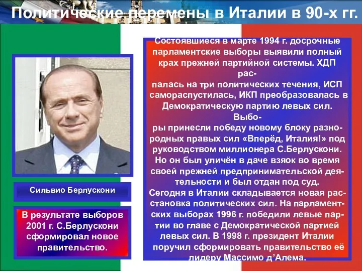 Политические перемены в Италии в 90-х гг. Состоявшиеся в марте 1994 г. досрочные