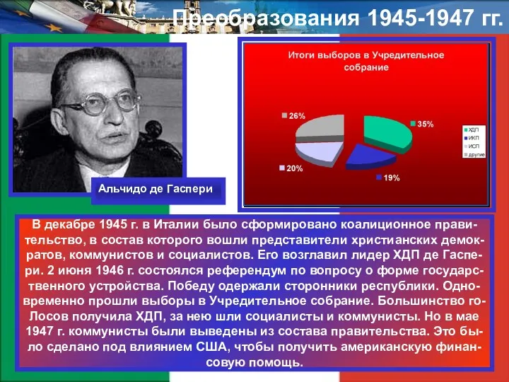 Преобразования 1945-1947 гг. В декабре 1945 г. в Италии было сформировано коалиционное прави-