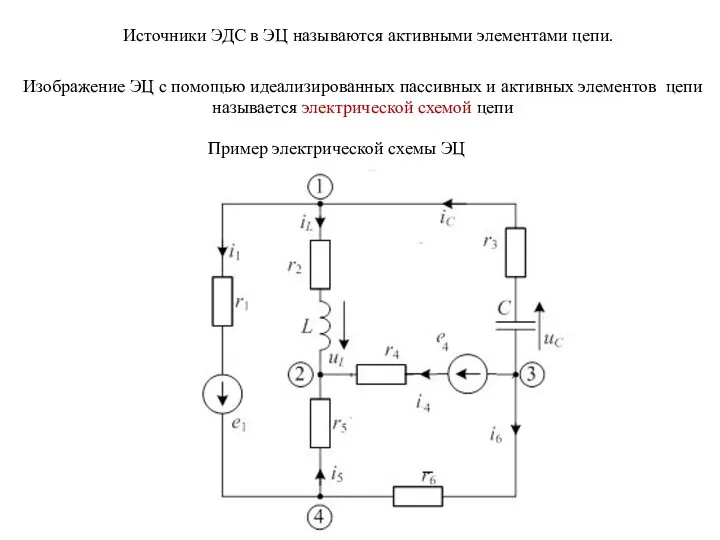 Источники ЭДС в ЭЦ называются активными элементами цепи. Изображение ЭЦ