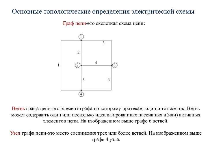 Основные топологические определения электрической схемы Граф цепи-это скелетная схема цепи: