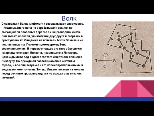 Волк О созвездии Волка мифология рассказывает следующее. Люди медного века