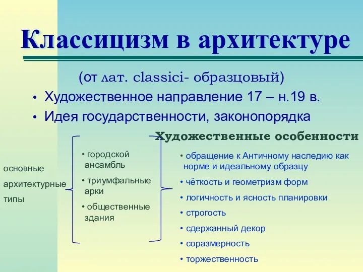 Классицизм в архитектуре (от лат. сlassici- образцовый) Художественное направление 17