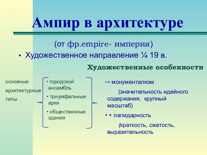 Ампир в архитектуре (от фр.empire- империя) Художественное направление ¼ 19