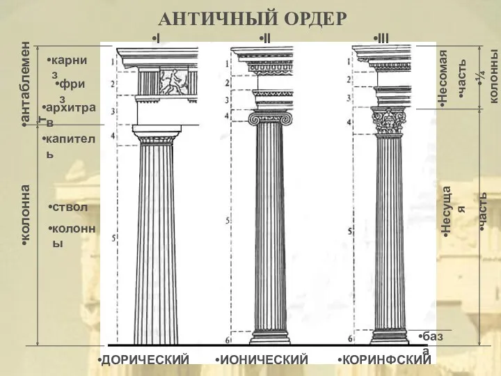 АНТИЧНЫЙ ОРДЕР ДОРИЧЕСКИЙ ИОНИЧЕСКИЙ КОРИНФСКИЙ колонна капитель ствол колонны база