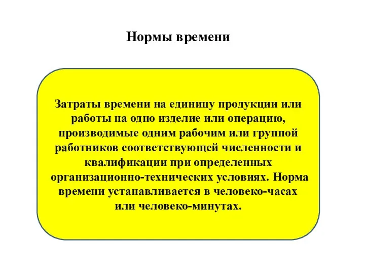 Нормы времени Затраты времени на единицу продукции или работы на