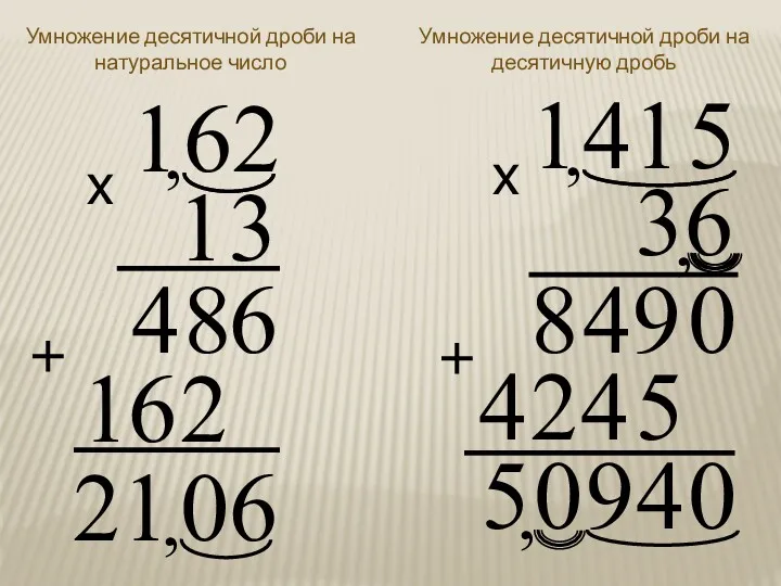 Умножение десятичной дроби на натуральное число Умножение десятичной дроби на