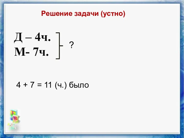 Д – 4ч. М- 7ч. Решение задачи (устно) 4 + 7 = 11 (ч.) было ?