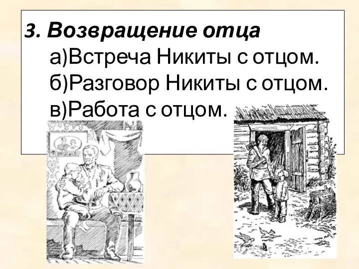 3. Возвращение отца а)Встреча Никиты с отцом. б)Разговор Никиты с отцом. в)Работа с отцом.