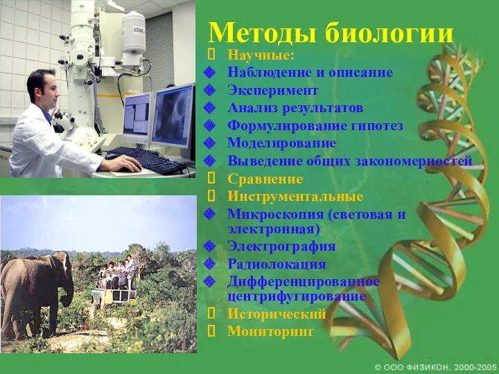 Методы биологии Научные: Наблюдение и описание Эксперимент Анализ результатов Формулирование