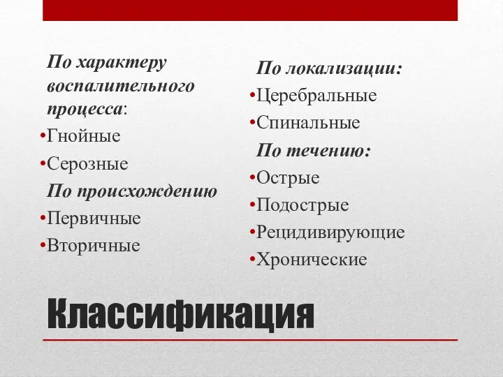 Классификация По характеру воспалительного процесса: Гнойные Серозные По происхождению Первичные