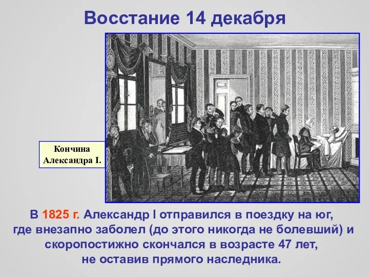 Восстание 14 декабря Кончина Александра I. В 1825 г. Александр I отправился в