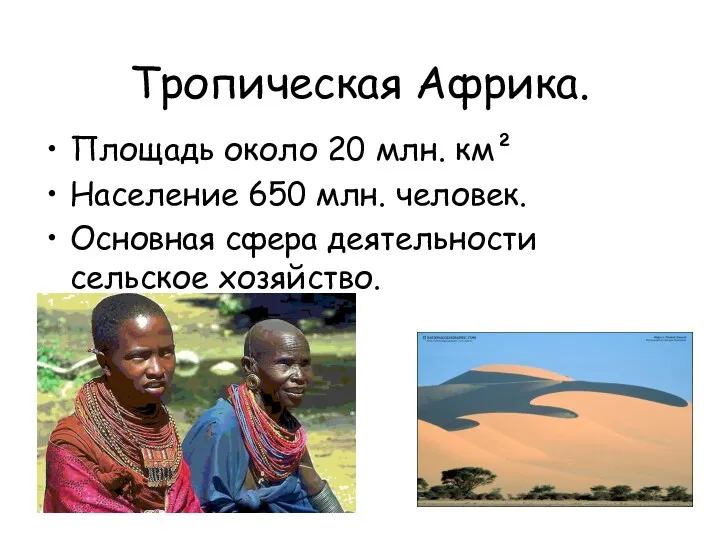 Тропическая Африка. Площадь около 20 млн. км² Население 650 млн. человек. Основная сфера деятельности сельское хозяйство.