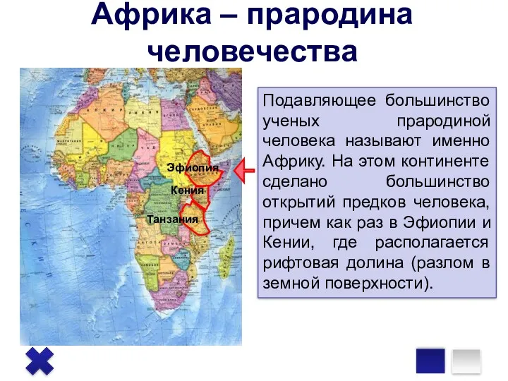 Эфиопия Кения Танзания Африка – прародина человечества Подавляющее большинство ученых