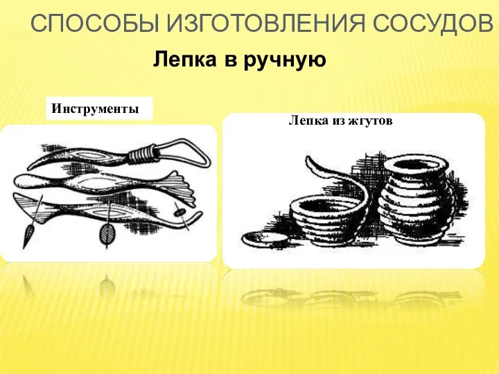 Инструменты СПОСОБЫ ИЗГОТОВЛЕНИЯ СОСУДОВ Лепка из жгутов Лепка в ручную