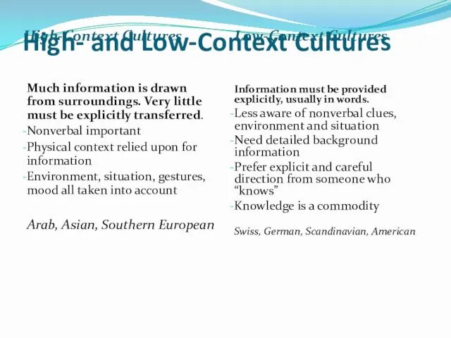 High- and Low-Context Cultures High-Context Cultures Low-Context Cultures Much information is drawn from