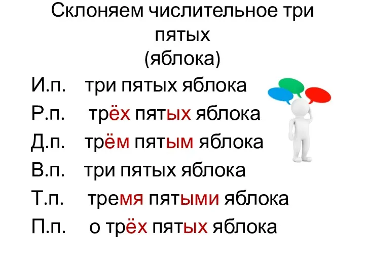 Склоняем числительное три пятых (яблока) И.п. три пятых яблока Р.п.