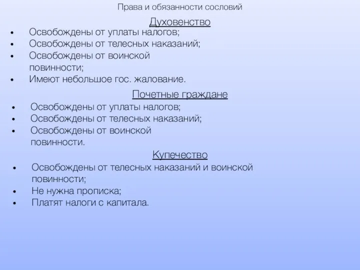 Духовенство Освобождены от уплаты налогов; Освобождены от телесных наказаний; Освобождены