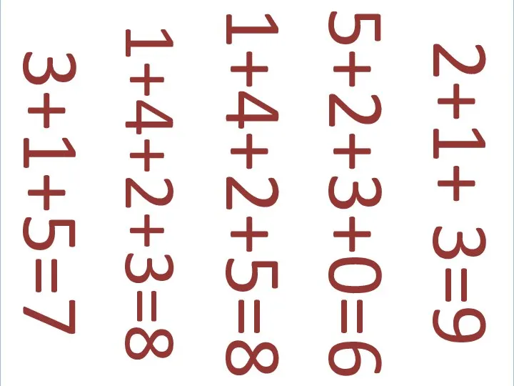 3+1+5=7 1+4+2+3=8 2+1+ 3=9 5+2+3+0=6 1+4+2+5=8