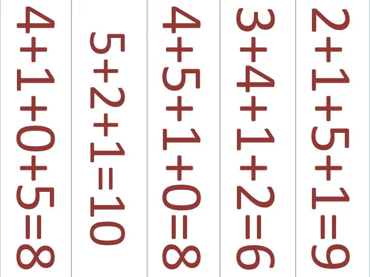 4+1+0+5=8 5+2+1=10 2+1+5+1=9 3+4+1+2=6 4+5+1+0=8