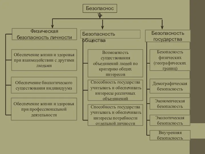 Безопасность Физическая безопасность личности Безопасность общества Безопасность государства Обеспечение жизни