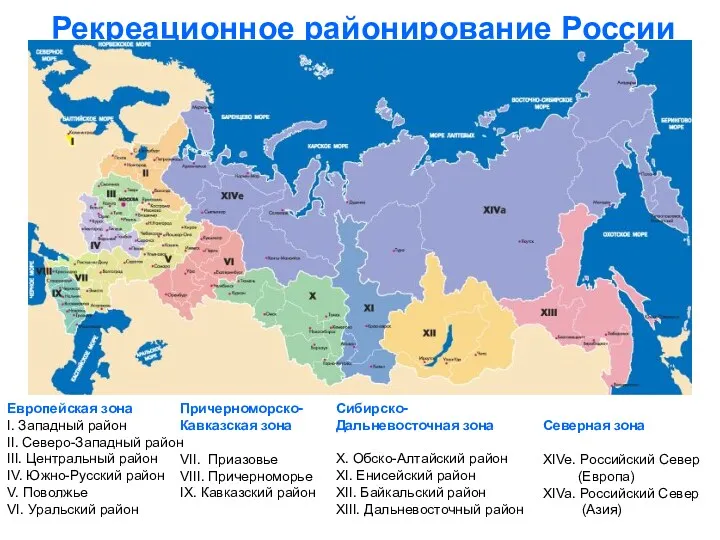 Рекреационное районирование России Европейская зона I. Западный район II. Северо-Западный