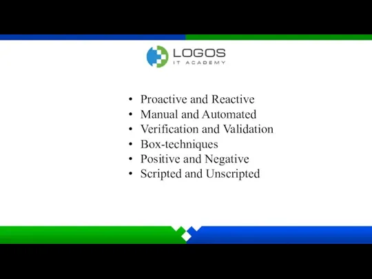 Proactive and Reactive Manual and Automated Verification and Validation Box-techniques Positive and Negative Scripted and Unscripted