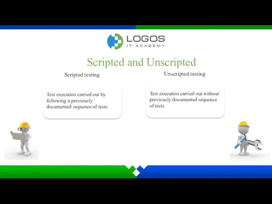 Scripted and Unscripted Scripted testing Test execution carried out by