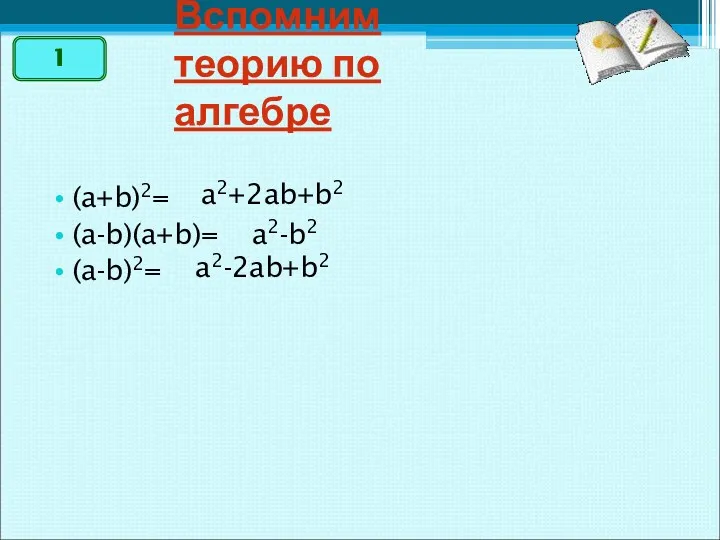Вспомним теорию по алгебре a2-b2 a2-2ab+b2 (a+b)2= (a-b)(a+b)= (a-b)2= a2+2ab+b2