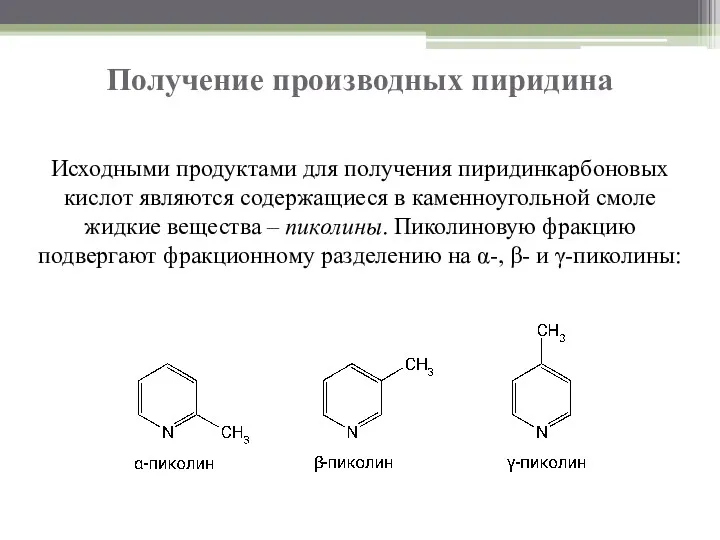 Получение производных пиридина Исходными продуктами для получения пиридинкарбоновых кислот являются