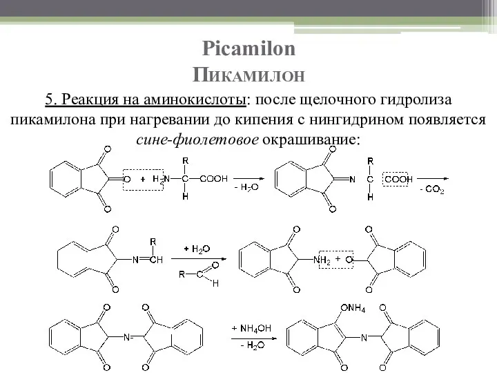 Picamilon Пикамилон 5. Реакция на аминокислоты: после щелочного гидролиза пикамилона