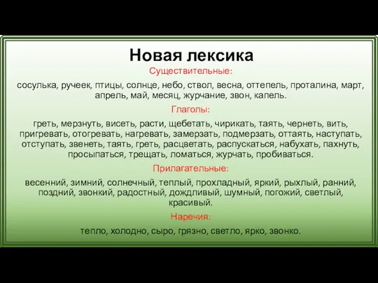 Новая лексика Существительные: сосулька, ручеек, птицы, солнце, небо, ствол, весна,