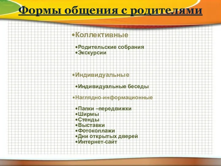 Формы общения с родителями Коллективные Родительские собрания Экскурсии Индивидуальные Индивидуальные