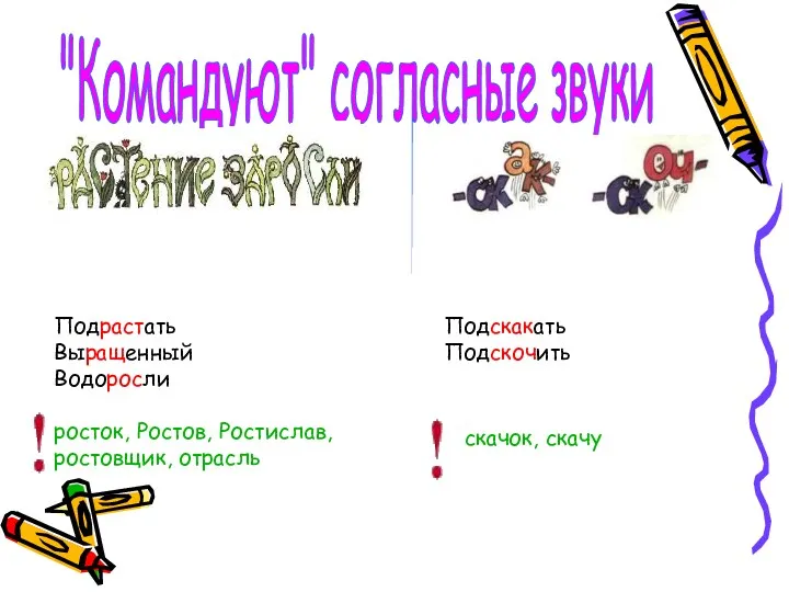 "Командуют" согласные звуки Подрастать Выращенный Водоросли росток, Ростов, Ростислав, ростовщик, отрасль Подскакать Подскочить скачок, скачу