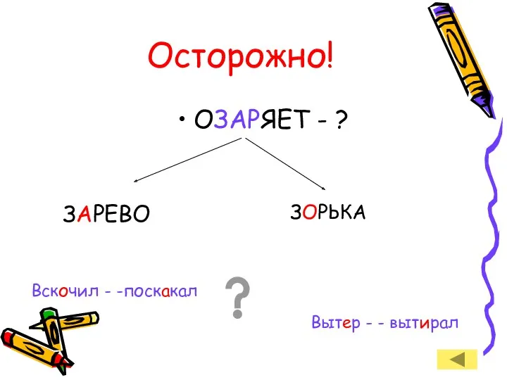 Осторожно! ОЗАРЯЕТ - ? ЗАРЕВО ЗОРЬКА Вскочил - -поскакал Вытер - - вытирал