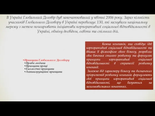 Принципи Глобального Договору Права людини Принципи праці Екологічні принципи Антикорупційні принципи В Україні