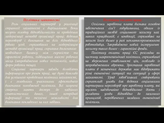 Політика зайнятості Роль соціальних партнерів у реалізації стратегії зайнятості є вирішальною. Вони несуть