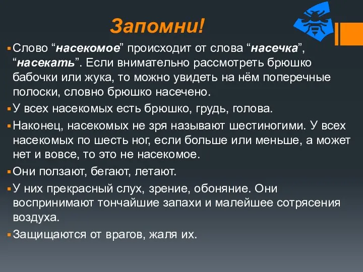 Запомни! Слово “насекомое” происходит от слова “насечка”, “насекать”. Если внимательно рассмотреть брюшко бабочки