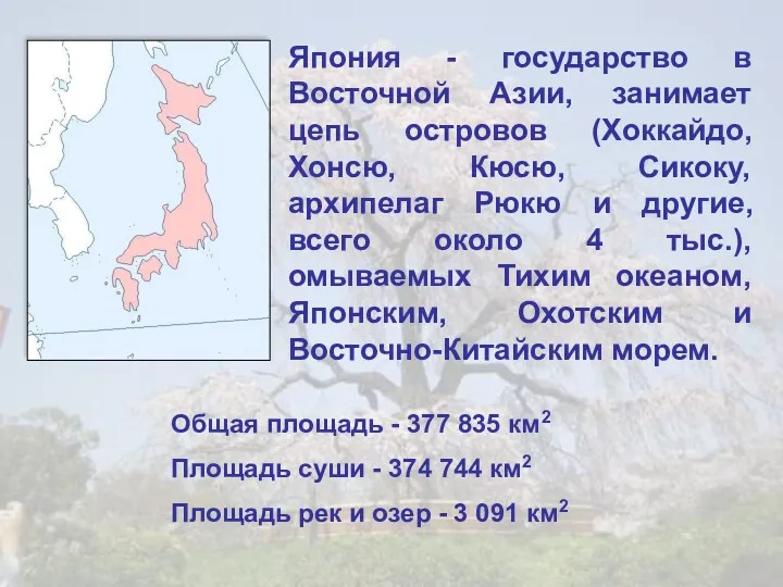 Япония - государство в Восточной Азии, занимает цепь островов (Хоккайдо,