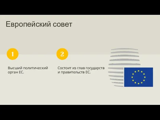 Европейский совет Высший политический орган ЕС. 1 Состоит из глав государств и правительств ЕС. 2