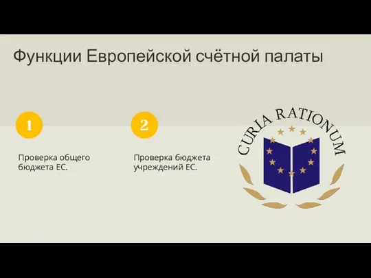 Функции Европейской счётной палаты Проверка общего бюджета ЕС. 1 Проверка бюджета учреждений ЕС. 2