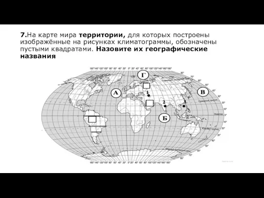 7.На карте мира территории, для которых построены изображённые на рисунках климатограммы, обозначены пустыми