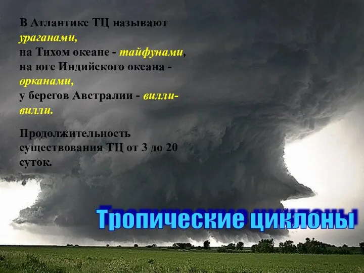 В Атлантике ТЦ называют ураганами, на Тихом океане - тайфунами, на юге Индийского