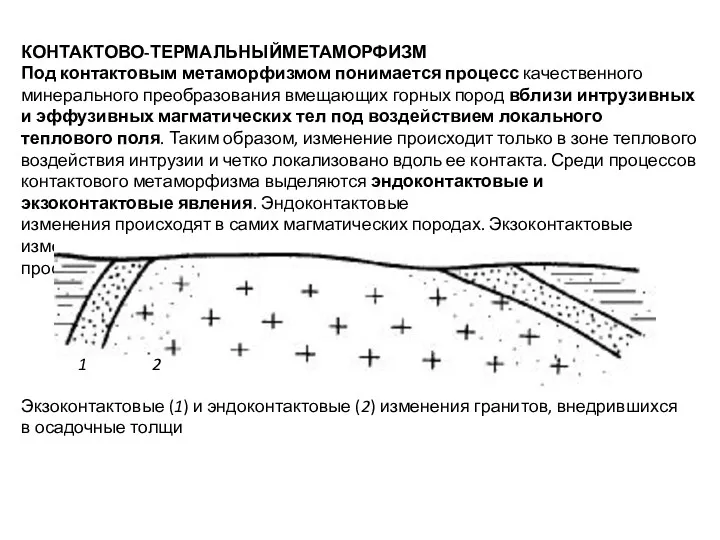 КОНТАКТОВО-ТЕРМАЛЬНЫЙМЕТАМОРФИЗМ Под контактовым метаморфизмом понимается процесс качественного минерального преобразования вмещающих