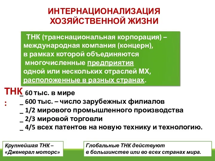 ИНТЕРНАЦИОНАЛИЗАЦИЯ ХОЗЯЙСТВЕННОЙ ЖИЗНИ ТНК (транснациональная корпорация) – международная компания (концерн),