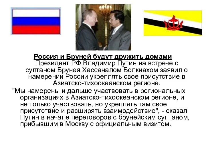 Россия и Бруней будут дружить домами Президент РФ Владимир Путин на встрече с